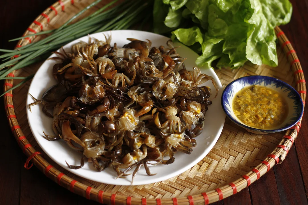 bánh đa cua trộn với nguyên liệu cua đồng và hành khô
