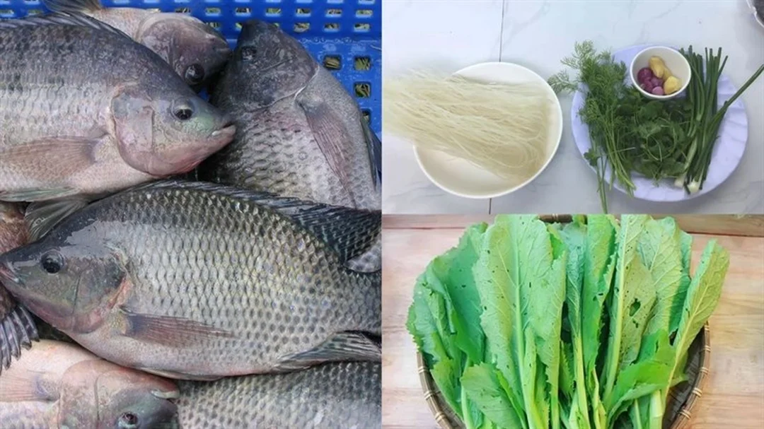 nguyên liệu nấu bánh đa cá rô với bánh đa, rau cải và gia vị