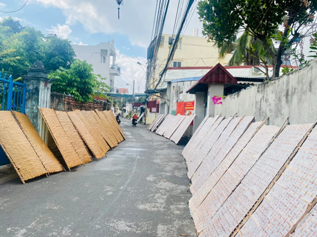 Phên bánh đa đỏ phơi nắng tự nhiên tại làng nghề Hải Phòng