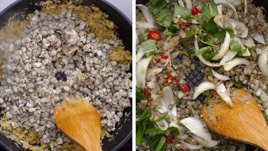 cách làm hến xúc bánh đa khi xào hến với sả và hành tím